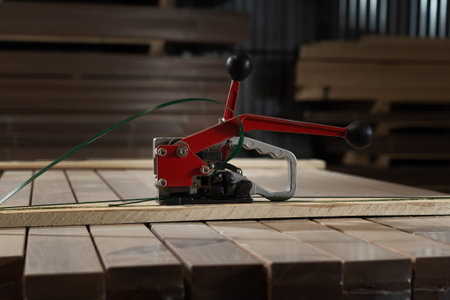 Professional tool for installing ties on pallets in the workshop, demonstrating skill in the art of carpentry.の写真素材