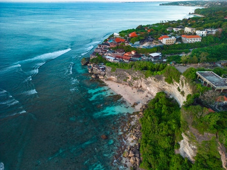 Breathtaking summer aerial view of Suluban Beach, Bali coastline and bustling resortsの写真素材