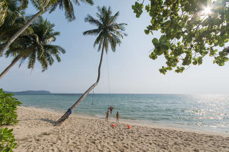 Kids enjoy playing the swing on the beach of Koh Koodの写真素材