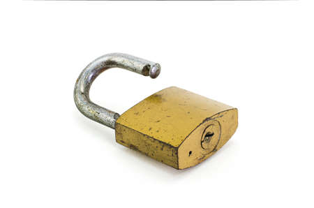 Metal padlock on white background