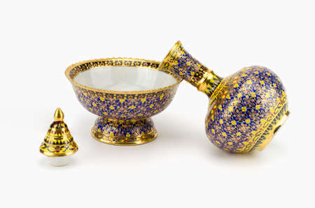 colorful ceramic ware handcraft bowl isolated on white backgroundの写真素材