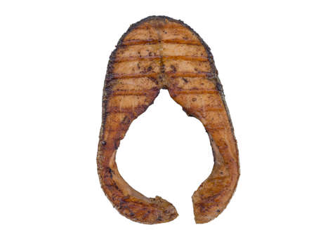 Salmon steak grilled isolated on the white backgroundの写真素材