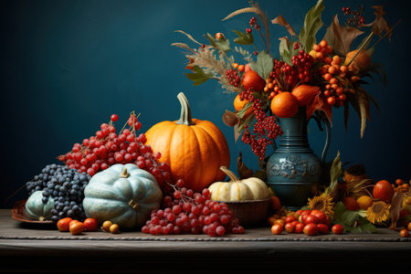 Thanksgiving scene with fall foliage pumpkins and berries against a blue backdropの素材