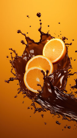 Orange fruit and chocolate splash on an orange color backgroundの素材