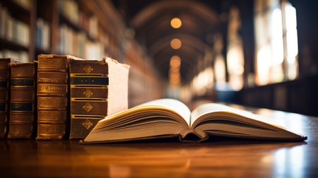 Opening a book or textbook on the table in the libraryの素材