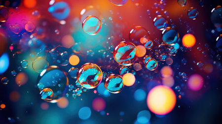 Close-up of transparent white liquid drops, colorful bubbles, and molecules.の素材