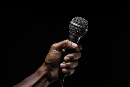 A hand holding a microphone in picture.の素材