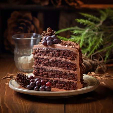Chocolate cake topped with fresh red cherries and a dusting of powdered sugar.の素材