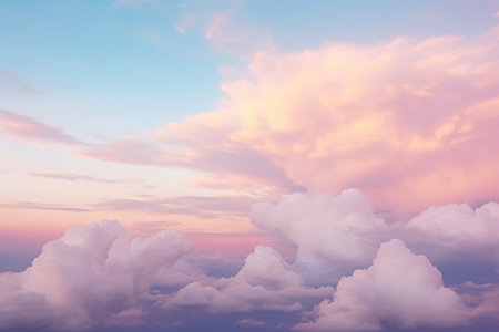 Light pink clouds in a sunset blue sky. Pastel colors of clouds, a natural background for sunrise and sundownの素材