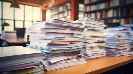 Stack of paper documents on a worktable.の素材