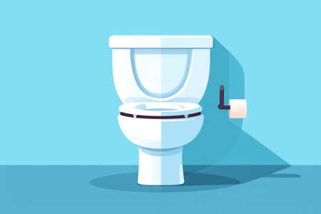 A white toilet bowl next to a roll of toilet paper on a blue wallの素材