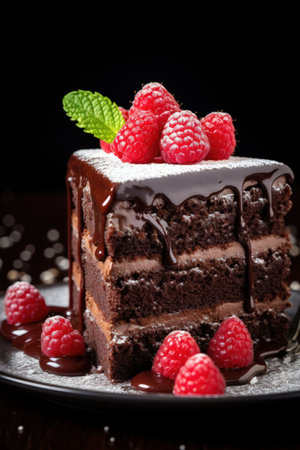 Cheesecake topped with fresh raspberries and a dusting of powdered sugarの素材