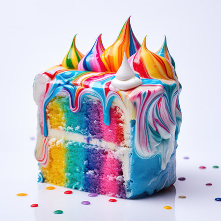 A slice of rainbow cake with rainbow colored frosting on topの素材