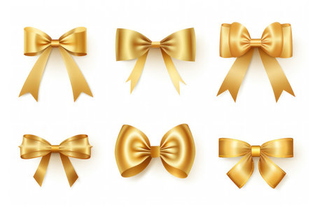Collection of gold ribbons on a white backgroundの素材
