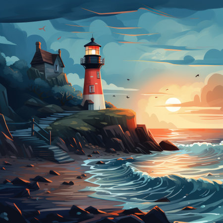 A painting of a lighthouse on a beach with waves crashing against the shore.の素材