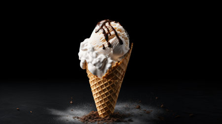 Ice cream in a waffle cone on a black backgroundの素材