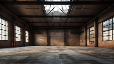 Empty old warehouse interior with brick walls, concrete floor, and a black steel roof structureの素材