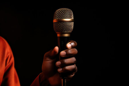 A hand holding a microphone in picture.の素材