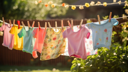 Colorful children's clothes drying on a clothesline in the yard under the sunlightの素材