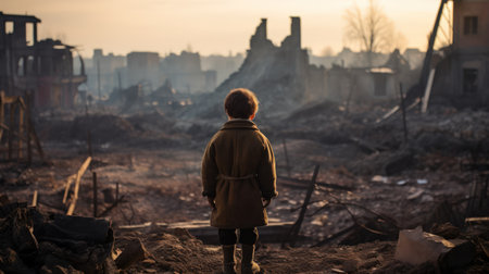 Child stands in front of the ruins destroyed in the war.の素材