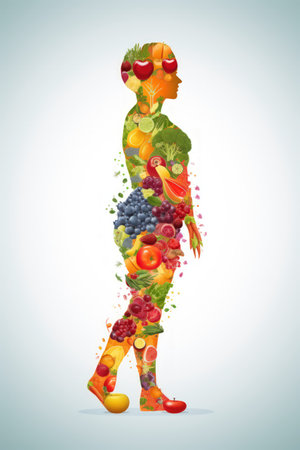 Illustration of diverse human figures with fruits and vegetables in the backgroundの素材