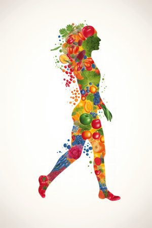 Illustration of diverse human figures with fruits and vegetables in the backgroundの素材