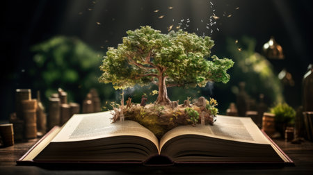 The old big book opens with the tree of knowledge planted inside, creating a symbolic scene in the library.の素材