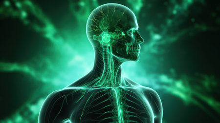 Medical concept with a 3D hologram of an X-ray image of the human body.の素材