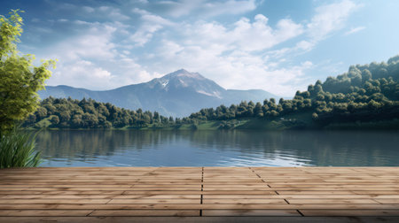A wooden floor with a lake and mountain in the backgroundの素材