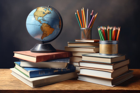 A globe, books, and stationery on the tableの素材