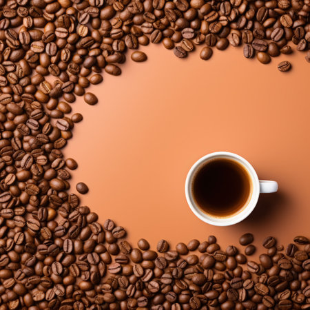 Arrangement of coffee beans and a coffee cup with space for copy.の素材