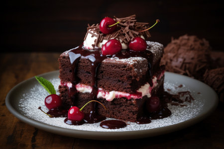 Chocolate cake topped with fresh red cherries and a dusting of powdered sugar.の素材