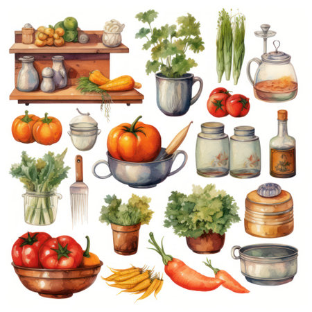 A collection of watercolor kitchen elements.の素材