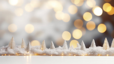 Empty white wooden tabletop with abstract warm living room decor, Christmas tree, string light blur background with snowの素材