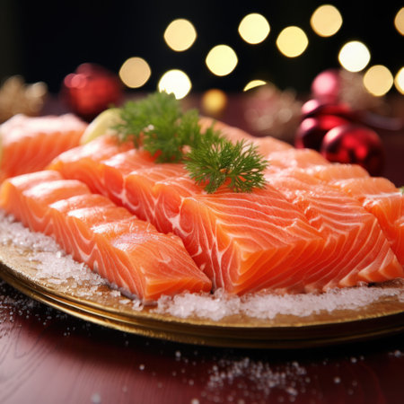 Sliced salmon sashimi, fresh and raw, elegantly served on ice in a bowl.の素材