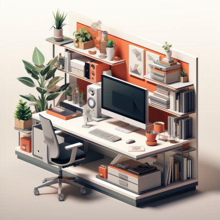 Modern office room isometric illustration featuring a monitor, bookshelf, and work deskの素材