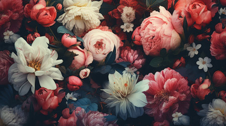 Various types of flowers create a beautiful wall background.の素材