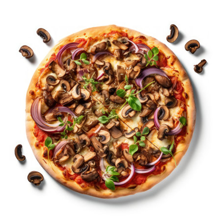 Top view of mushroom and olive pizza on a white background.の素材