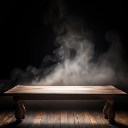 An empty wooden table with smoke rising on a dark background.の素材