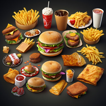 Fast food 3D cartoon illustration: French fries, burger.の素材