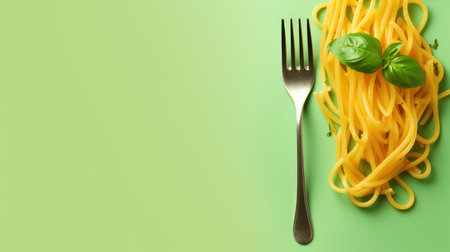 A fork with delicious pasta and basil on a green background.の素材