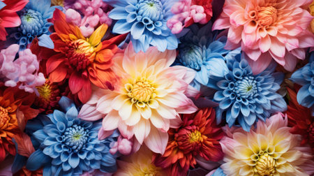 Various types of flowers create a beautiful wall background.の素材