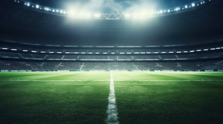 Grass close-up in a football stadium with lights, creating a vibrant sports arena background.の素材