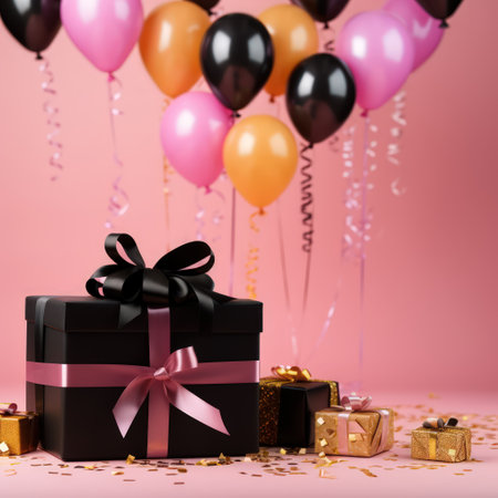 A glamorous black and gold gift box adorned with balloons and ribbon set against a pink background.の素材