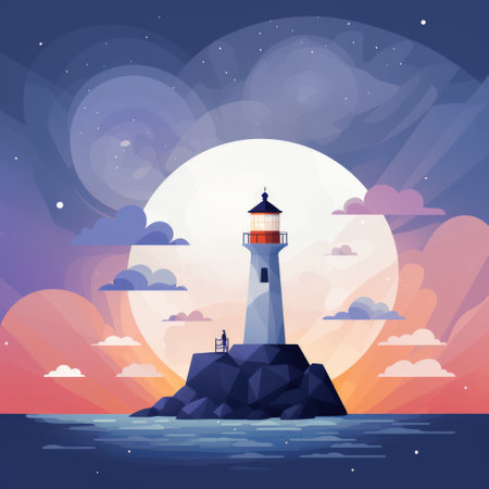 A painting of a lighthouse on a beach with waves crashing against the shore.の素材