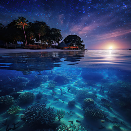 Seashore at sunset with blue bioluminescent water.の素材