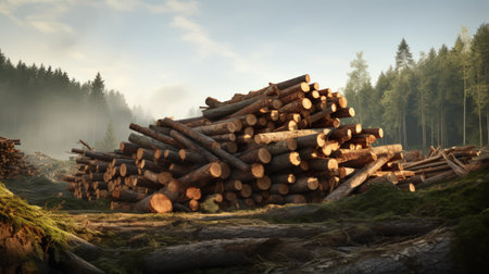 Stack of freshly cut trees in a forest.の素材