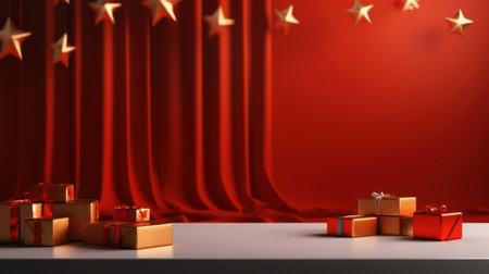 Merry Christmas banner on a studio table, room product display with blank spaceの素材