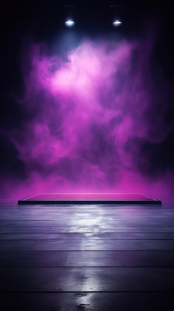 Smoke hovers in a purple void, an empty scene brought to life by neon lights and spotlights.の素材