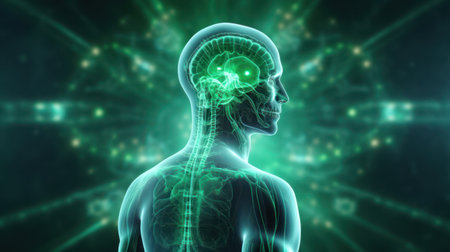 Medical concept with a 3D hologram of an X-ray image of the human body.の素材